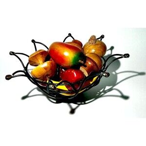 Vintage Hand Carved Costa Rica Wooden Fruit In A Wire Basket 13 Pcs